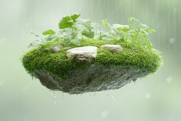 Mossy Floating Island With Lush Greenery and Droplets in Tranquil Water Setting