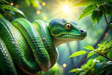 Fototapeta premium Emerald Tree Boa Snake Moving in Rainforest Canopy - Aerial Drone Shot