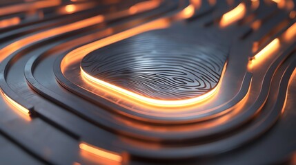 Fototapeta premium A fingerprint embedded in a futuristic, metallic surface, illuminated by a warm orange glow.