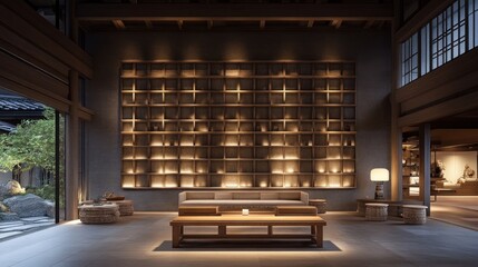 Serene Japanese-Style Hotel Lobby Interior Design