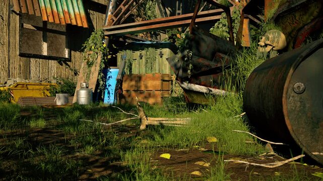 A decayed skeleton sits among rusted wreckage and overgrown grass, surrounded by old crates and barrels, suggesting a long-forgotten, post-apocalyptic setting reclaimed by nature.