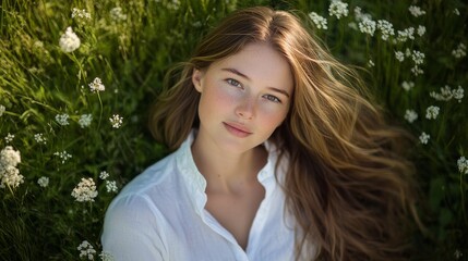 Overhead nature portrait, fresh-faced woman in crisp white cotton shirt, long hair fanned out on emerald grass, white wildflowers dotting meadow, warm summer sunlight, candid relaxed pose, earthy
