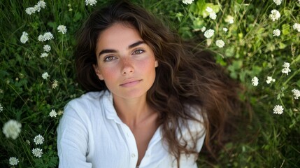 Naklejka premium Overhead nature portrait, fresh-faced woman in crisp white cotton shirt, long hair fanned out on emerald grass, white wildflowers dotting meadow, warm summer sunlight, candid relaxed pose, earthy