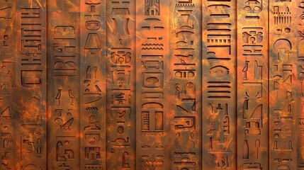 A weathered, rust-colored wall with hieroglyphics carved into it.