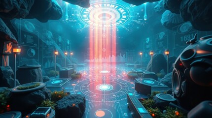 Futuristic Data Center with Glowing Technology and Data Displays