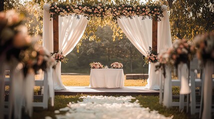 Wedding stage backdrop white with flower wedding decoration blank space