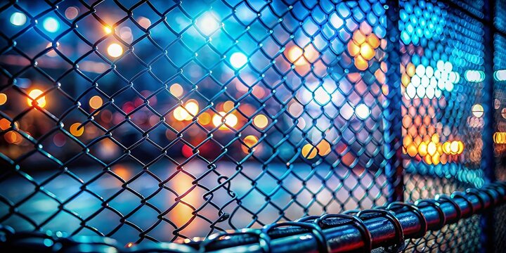 Empty Octagon MMA Cage Close-Up: Blurred Arena Background - Stock Photo