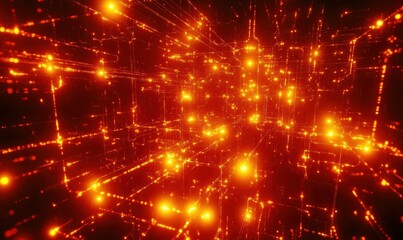 Fototapeta premium Bright glowing grid forms a network of orange lights.