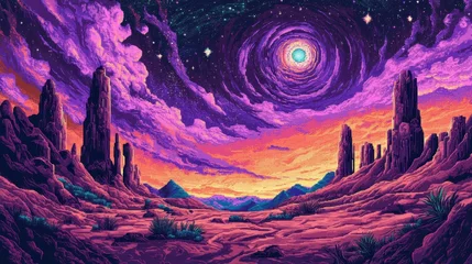  A colorful landscape featuring a sky and rock formations in space © EPEP