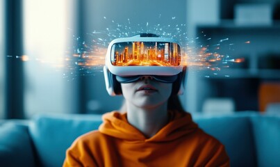 Man Experiencing Virtual Reality Cityscape