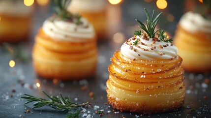Festive rosemary potato appetizers, creamy topping, dark background, holiday lights