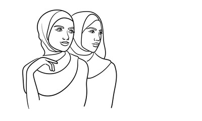 Young 2 muslim womans in burqa, continuous line art drawing. Oriental girl in traditional clothes. Vector illustration isolated on white background 