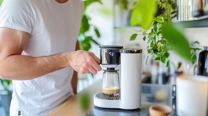 A man makes coffee using a smart coffee maker. 