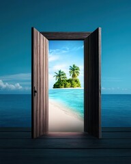 Open Wooden Door Leading to a Tropical Beach