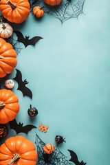 Happy Halloween is celebrated with a poster design that has a blue vertical background and features garland, pumpkins, ghosts, bats, and spiders