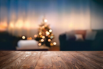 Wooden table in the foreground with a smooth, polished surface.