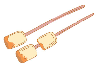Fried marshmallow on a stick in flat style. Campfire snack. Vector.