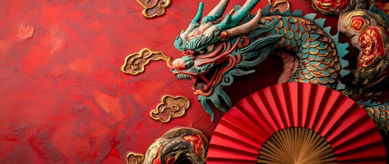 A Happy Chinese New Year banner template is available featuring a traditional design of red paper fans and a dragon on a red background to mark the Lunar New Year and the New Year of the Dragon