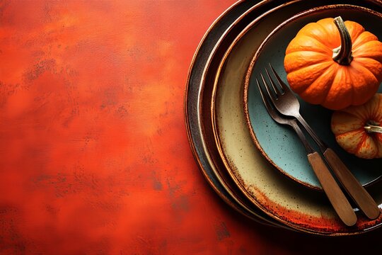 An autumn table setting, replete with a white plate, gold cutlery, beige napkin, and adorned with pumpkins, acorns, and fall branches, is set against a deep red background to evoke the concept of a - Powered by Adobe