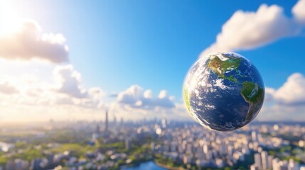Digital Geography Shift - Translucent Globe Hovering over Dynamic Futuristic Cityscape with Real-Time Continent Reshaping