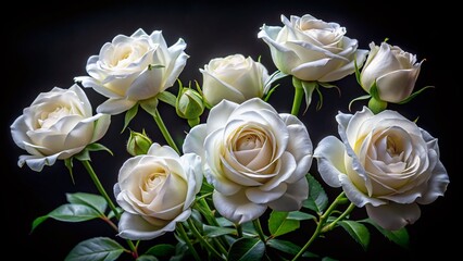 Obraz premium Exquisite Collection of Blooming White Roses Isolated on Black - High-Resolution Stock Photo