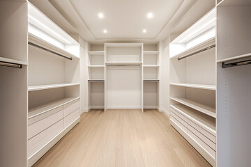 Elegant closet features organized shelving and drawers inviting efficient storage.