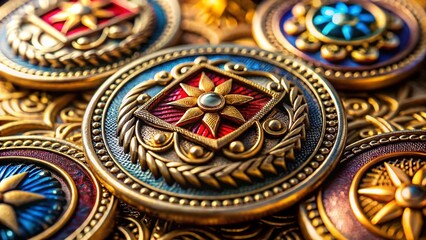 Obraz premium Extreme Close-up of Four Metallic Emblems: Detailed Macro Photography