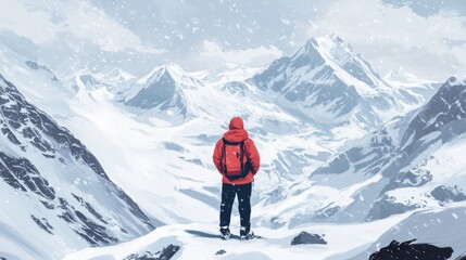 Solo winter traveler framed by alpine peaks, symbolic love gesture, insulated adventure wear, practical snow gear, dramatic mountain backdrop, pure white snowscape, moody winter atmosphere,