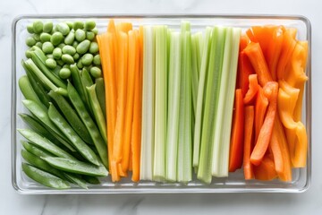 Vibrant Vegetable Board Featuring Fresh Green Peas, Celery, Carrots, and Bell Peppers Arranged Beautifully for a Healthy Snack