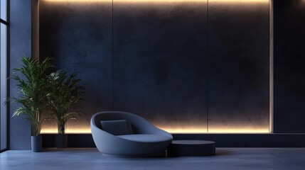 sleek modern lounge with dark walls featuring ambient lighting. stylish furniture accompanied by green plants. elegant interior design concept for contemporary homes. minimalist decor inspiration