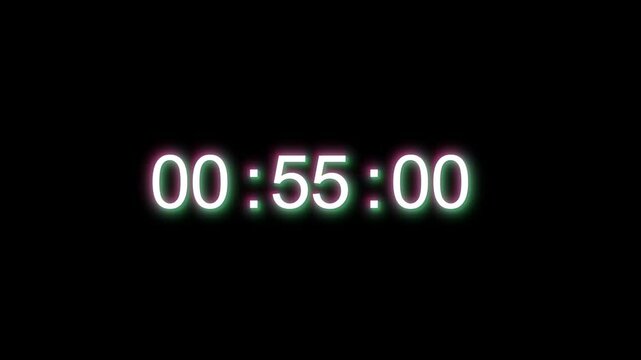 A glowing neon digital timer counts down against a dark background. Futuristic design with smooth animation, ideal for countdowns, sports, or event visuals.