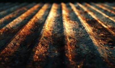 Obraz premium Bold metallic rusted sheet glowing under warm light, emphasizing its weathered texture for a rugged industrial visual