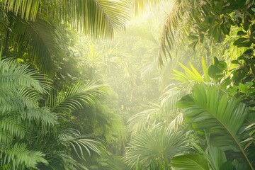 Obraz premium Lush Green Palm Trees Thrive in a Vibrant African Rainforest Under Soft Sunlight Filtering Through Foliage