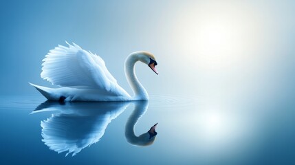 Majestic swan on calm blue waters, perfect water reflections, golden sunlight highlights, serene lake landscape, nature wildlife photography, pristine wilderness capture