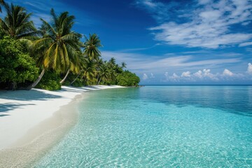 Naklejka premium Tropical beach escape featuring soft sand, azure waves, and vibrant palm foliage perfect for travel enthusiasts and vacation dreamers seeking serene getaways