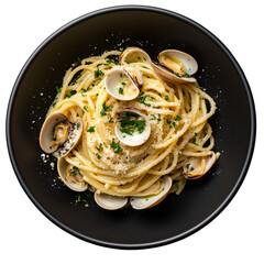Zenith view of a dark plate with traditional, italian spaghetti pasta with clams. Transparent background.