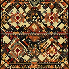 Intricate geometric textile patterns, rich earth tone colors, ornate tribal motifs, traditional weaving texture, ancient nomadic designs, symmetrical folk patterns, cultural art photography, detailed