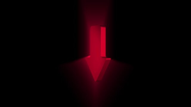 A glowing red arrow pointing downward on a dark background. The animation symbolizes decline, decrease, and downward trends. Ideal for business, finance, and economic content.