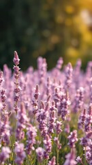 Fototapeta premium A field of pale purple lavender flowers swaying gently in the breeze, warm light, soft focus