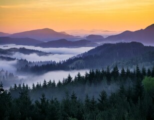 Misty Mountains at Dawn Capture a Peaceful and Ethereal Atmosphere Generated image