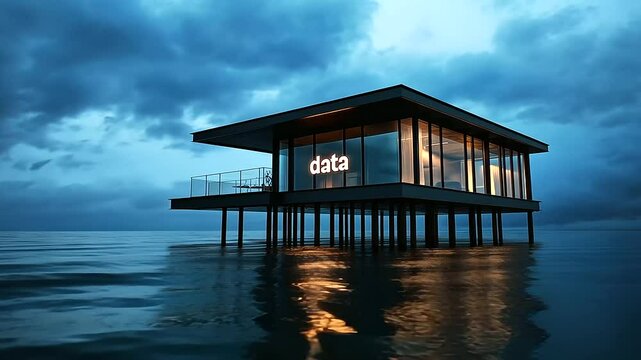 A minimalist house standing on stilts over water, the word data illuminated across the exterior, representing the seamless blending of raw data lakes and structured data warehous