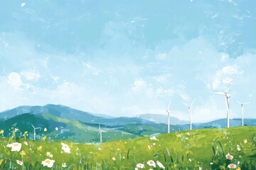 Serene landscape with wind turbines in a flowery meadow and mountains under a blue sky.