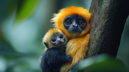 Naklejka premium Golden langur mother, baby, rainforest, tree, wildlife conservation