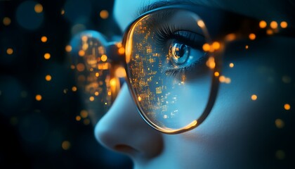 Eye reflects data overlay on face, dark Bokeh