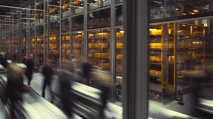 Blurred Motion in a Modern Warehouse:  A Glimpse into the Efficient Logistics of a High-Tech Distribution Center