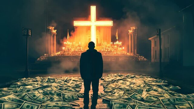 silhouette of a man standing at church altar with money along the church aisle part