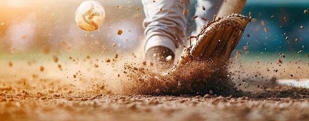 A baseball player sliding into home plate, pastel dirt flying up around vintage gloves and bats