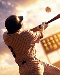 A baseball batter mid-swing, with a pastel sky and vintage scoreboard in the background, softly glowing in golden light