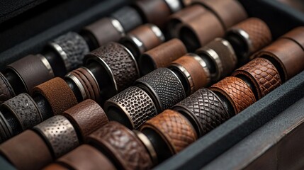 Leather belt loops in box, background blurred, for apparel