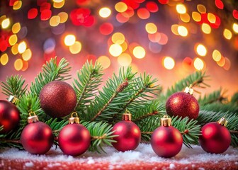 Obraz premium Festive Fir Branches & Christmas Ornaments on Red Glitter Background